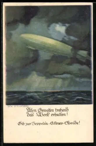 Künstler-AK Otto Amtsberg: Zeppelin fliegt bei Sturm über das Meer