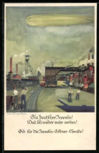 Künstler-AK Luftschiff fliegt über ein Industriegelände