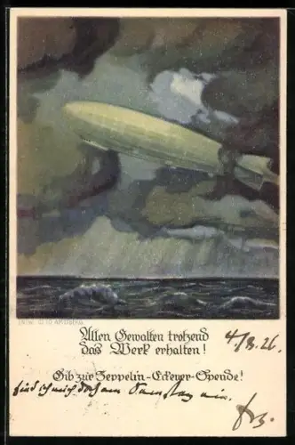 Künstler-AK Otto Amtsberg: Zeppelin fliegt bei Sturm über das Meer