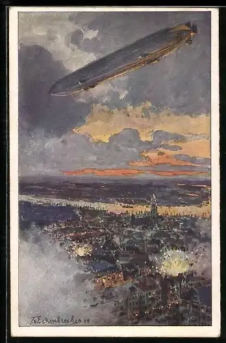 Künstler-AK Themistokles von Eckenbrecher: Antwerpen, Zeppelin über der angegriffenen Stadt