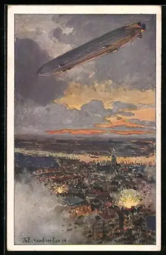 Künstler-AK Themistokles von Eckenbrecher: Antwerpen, Zeppelin über der angegriffenen Stadt