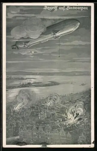 AK Angriff auf Antwerpen, Luftschiff bombardiert die Stadt