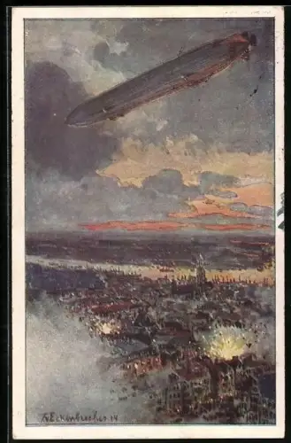 Künstler-AK Themistokles von Eckenbrecher: Antwerpen, Zeppelin über der angegriffenen Stadt