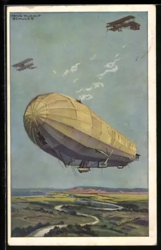 Künstler-AK Hans Rudolf Schulze: Deutscher Luftflotten-Verein, Miliutärluftkreuzer Hansa, Luftschiff, Zeppelin