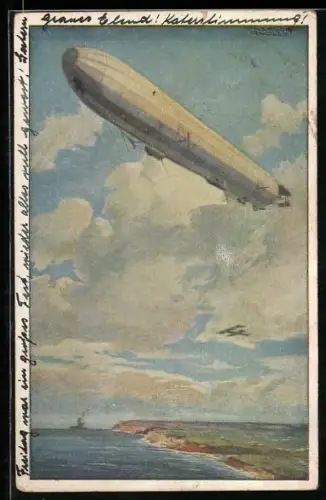 Künstler-AK Hans Rudolf Schulze: Dt. Luftflotten-Verein, Reichsmarineluftschiff, Wacht an der deutschen Ostseeküste