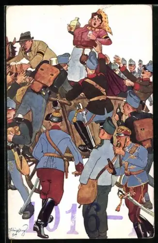 Künstler-AK Fritz Schönpflug: Eine Vielbergehrte, Soldaten bei einer Frau mit Alkohol am Wagen