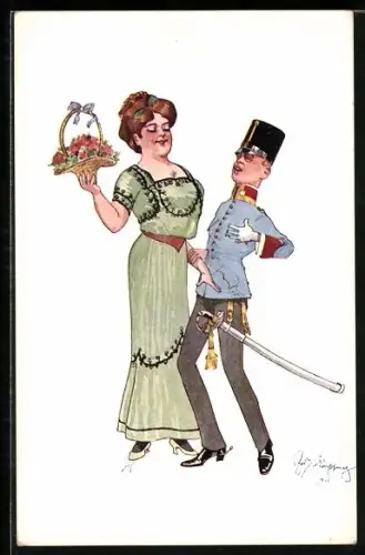 Künstler-AK Fritz Schönpflug: Kleiner Soldat mit Säbel steht bei einer Frau mit Blumenkorb