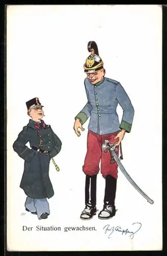 Künstler-AK Fritz Schönpflug: Soldat amüsiert sich über Knabe in zu grosser Armeeuniform
