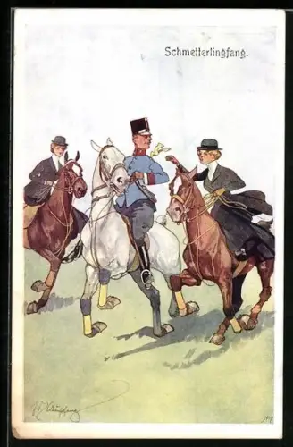 Künstler-AK Fritz Schönpflug: Schmetterlingfang, Soldat mit zwei Frauen reiten aus