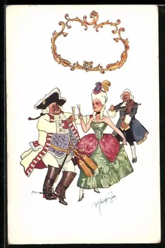 Künstler-AK Fritz Schönpflug: Sekt trinkendes Paar und musizierender Herr, Neujahrsgruss