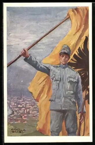 Künstler-AK Camilla Göbl: Österreichischer Soldat mit Flagge