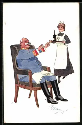 Künstler-AK Fritz Schönpflug: Offizier greift nach einer Flasche Wein, die von einem Dienstmädchen getragen wird