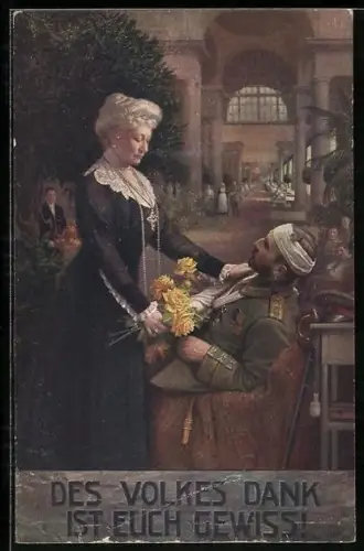 AK Des Volkes Dank ist euch gewiss!, Kaiserin Auguste Victoria und verwundeter Soldat