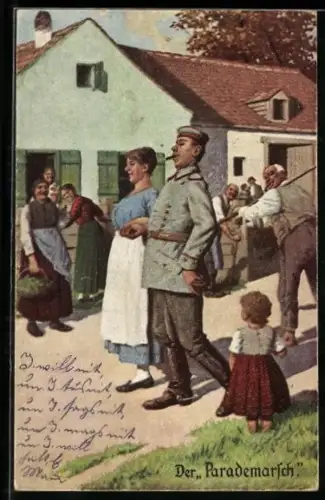 Künstler-AK Arthur Thiele unsign.: Immer Fachmann 7 Der Parademarsch, Feldgrauer mit seiner neuesten Eroberung