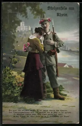 AK Stolzenfels, Soldat in Uniform mit Pickelhaube und Gewehr nimmt Abschied von seiner Liebsten