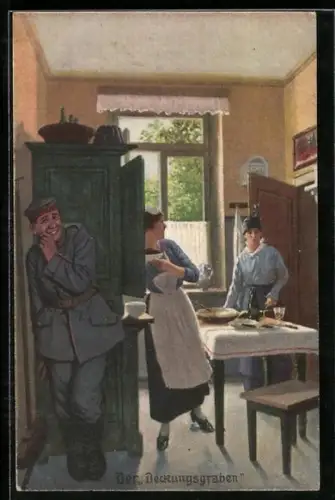 Künstler-AK Arthur Thiele: Soldatenhumor, Der Deckungsgraben, Soldat versteckt sich vor Frauen