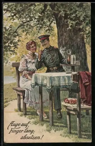 Künstler-AK A. Thiele: Landesschiesslehre, Auge auf, Finger lang, absetzen, Soldat mit Hofbräuhaus-Bierkrug