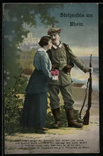 AK Stolzenfels am Rhein, Noch einmal schaut der Grenadier..., Soldatenliebe