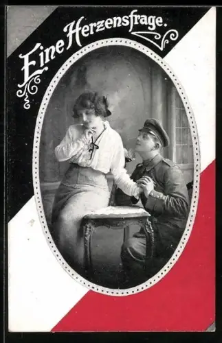 AK Soldat in Uniform hält um die Hand seiner Geliebten an