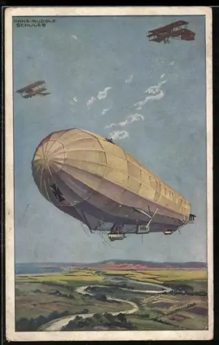 Künstler-AK Hans Rudolf Schulze: Deutscher Luftflotten-Verein, Miliutärluftkreuzer Hansa, Luftschiff, Zeppelin