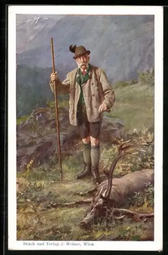 Künstler-AK Kaiser Franz Josef I. von Österreich als Jäger neben dem erlegtem Hirsch