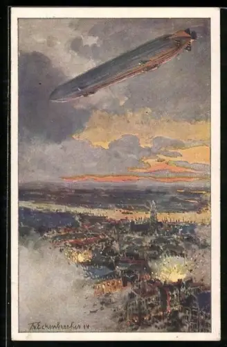 Künstler-AK Themistokles von Eckenbrecher: Antwerpen, Zeppelin über der angegriffenen Stadt