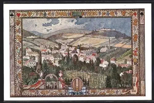 Künstler-AK Wien-Grinzing, Ortsteilansicht mit Kobenzl und Kahlenberg