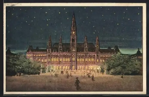 Künstler-AK Wien, Rathaus beleuchtet mit Vertexlampen