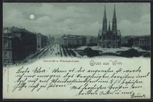 Mondschein-AK Wien, Votivkirche und Währingerstrasse mit Strassenbahn