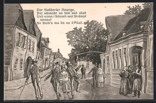 Wirtshaus-AK Wien-Nussdorf, Der Nussdorfer Heurige, Der schmeckt so fein und süass ..., aus der Sicht eines Betrunkenen