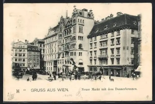 AK Wien, Neuer Markt mit Donnerbrunnen und Passanten
