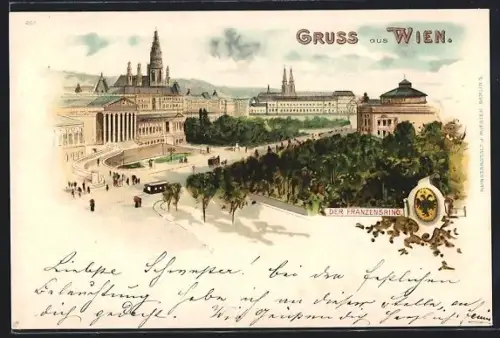 Lithographie Wien, Parlament am Franzensring aus der Vogelschau