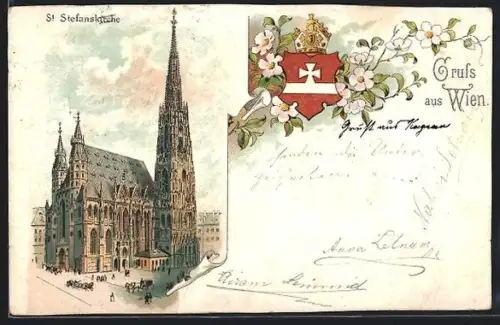 Lithographie Wien, St. Stefanskirche, Wappen mit Krone
