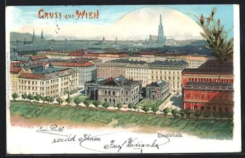 Lithographie Wien, Künstlerhaus, Im Hintergrund Kirche