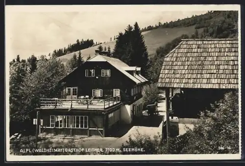 AK Alpl, Gasthof Leitner mit Strasse aus der Vogelschau