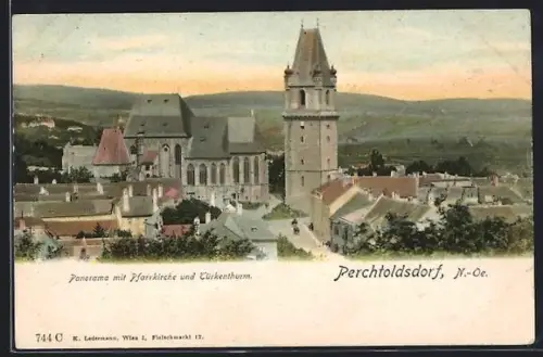 AK Perchtoldsdorf /N.-Oe., Panorama mit Pfarrkirche und Türkenthurm