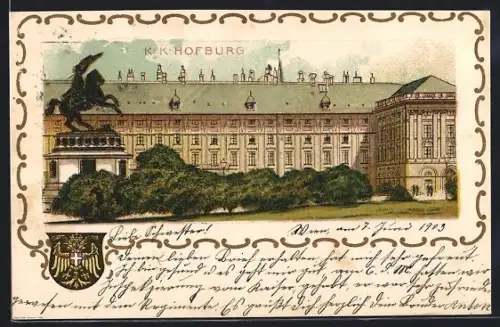 Lithographie Wien, K. K. Hofburg mit Reiterstandbild, Wappen