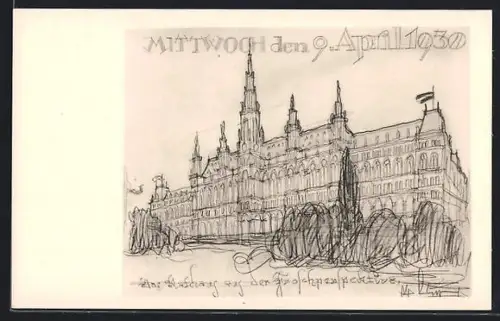 Künstler-AK Wien, Wiener Rathaus aus der Froschperspektive 1930