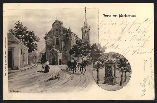 Lithographie Mariabrunn, Strassenpartie mit Kirche, Kapelle