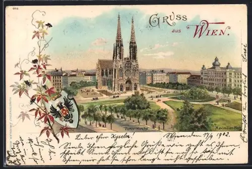 Lithographie Wien, Votivkirche mit Wappen