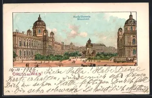 Lithographie Wien, Pferdebahn vor dem Maria Theresia-Monument, Wappen, Pferdekutsche