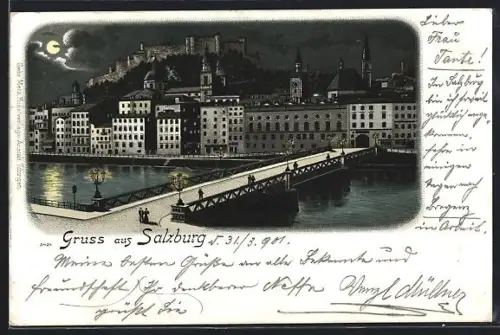 Lithographie Salzburg, Uferpartie mit Festung