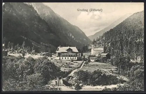 AK Ginzling i. Zillertal, Kröll`s Gasthof Alt-Ginzling und Kirche