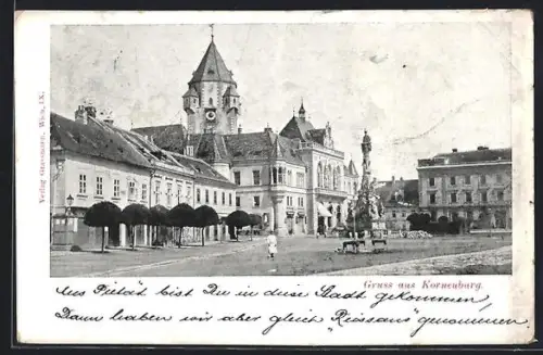 AK Korneuburg, Strassenpartie mit Denkmal