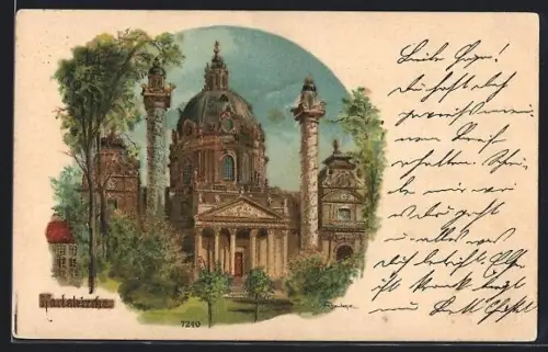 Lithographie Wien, Blick auf die Karlskirche