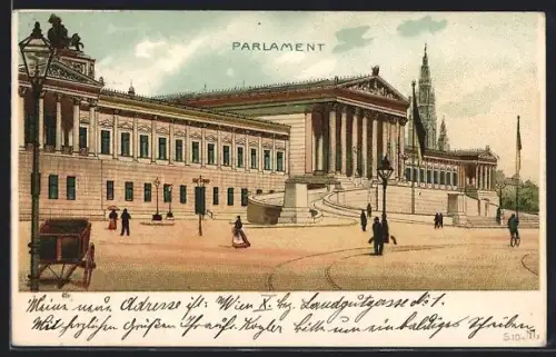 Lithographie Wien, Parlament mit Leuten