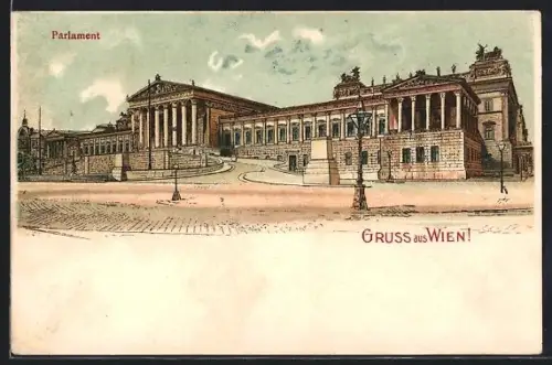 Lithographie Wien, Aussenansicht des Parlament-Gebäudes