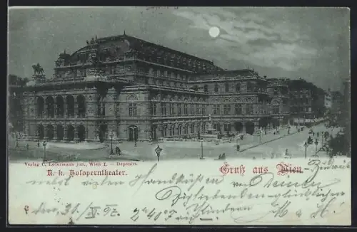 Mondschein-AK Wien, K. k. Hofoperntheater mit Strassenpartie