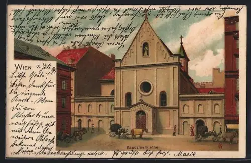 Lithographie Wien I, Kutschen vor der Kapuzinerkirche
