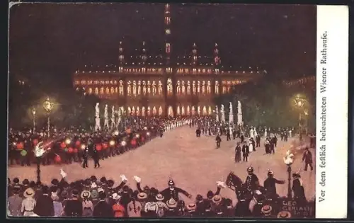 Künstler-AK Wien, Vor dem festlich beleuchteten Wiener Rathaus